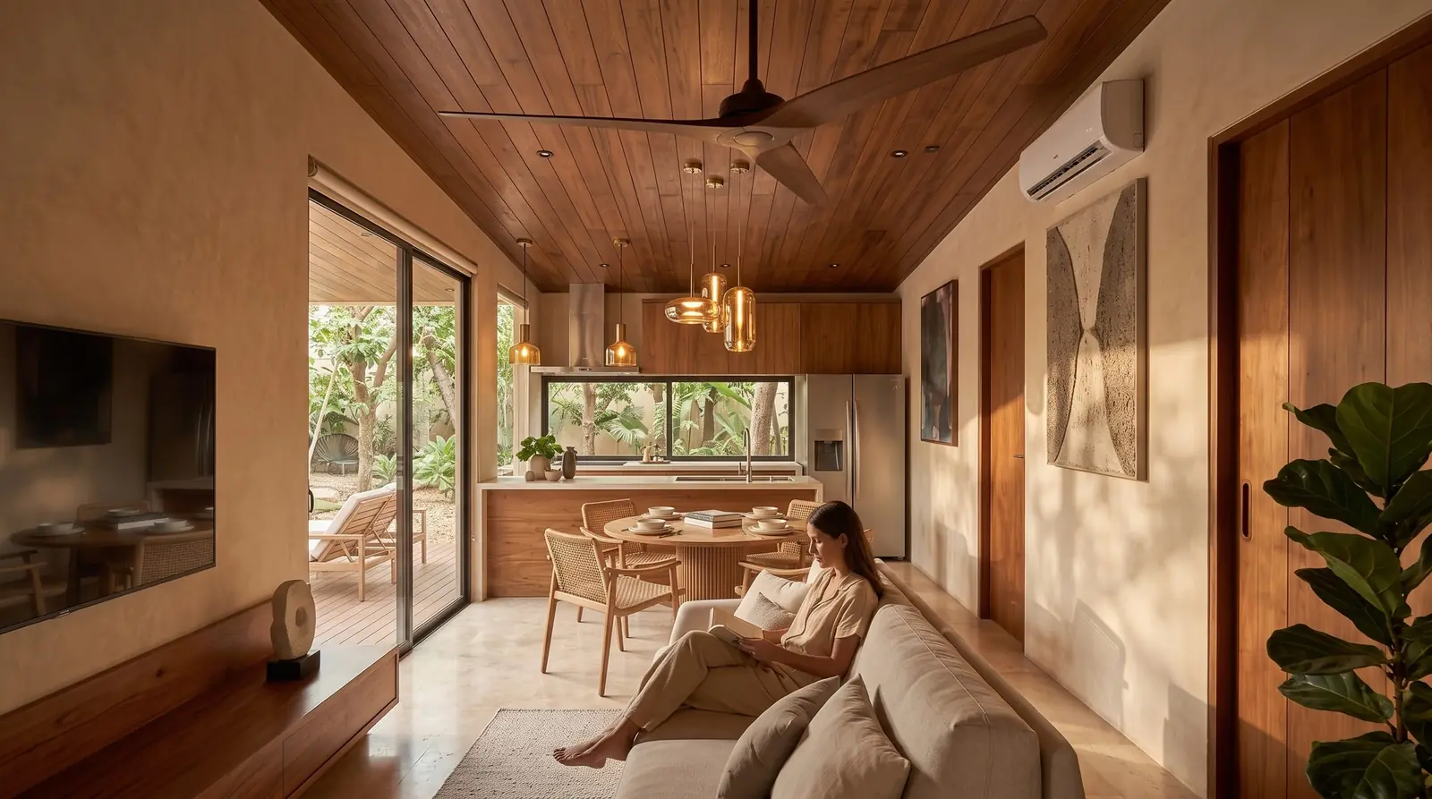 Sala, comedor y cocina de una villa